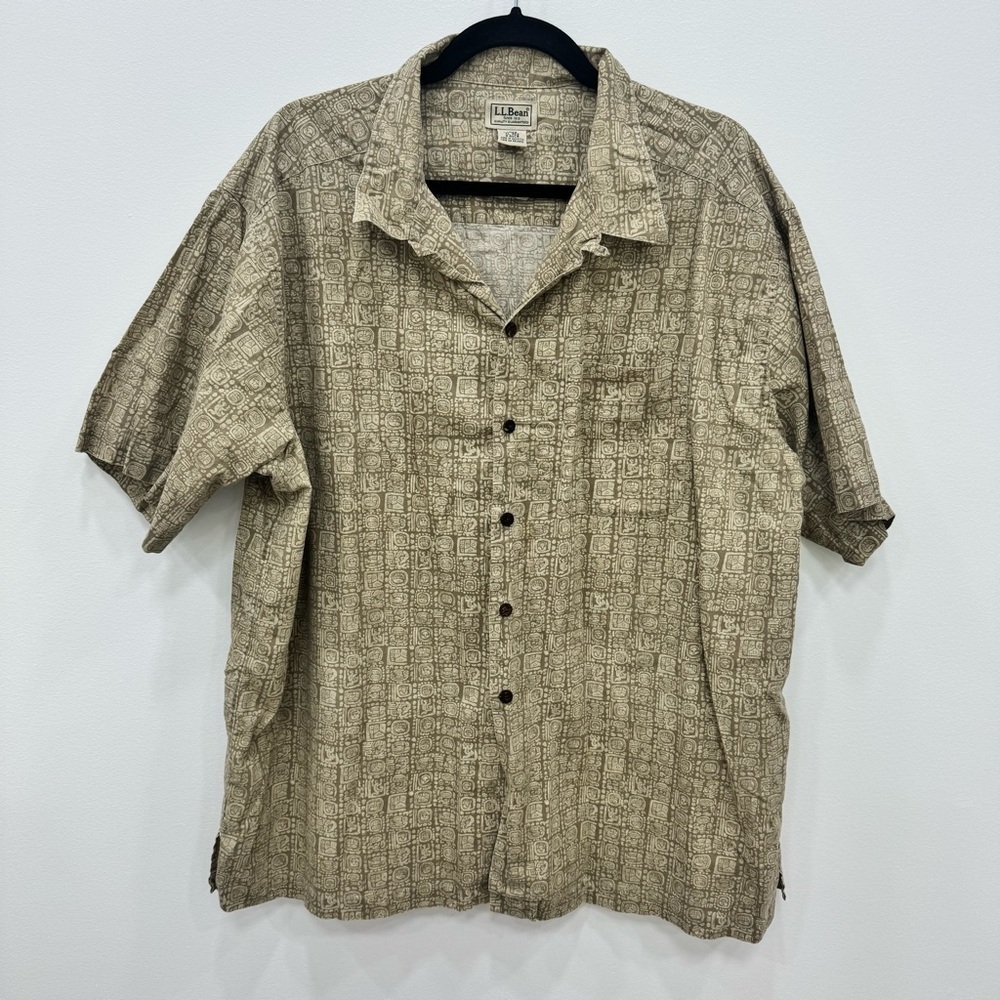 L.L.Bean Vintage Hawaiian Fishing Short Sleeve Shirt Jungle brown tan sz XL